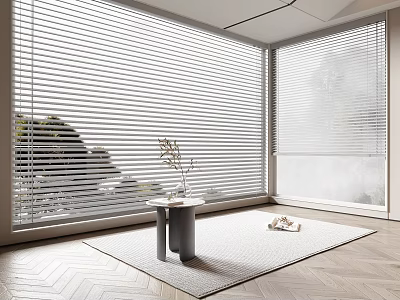 Floor-to-Ceiling Windows with White Blinds Green Trees Outside Small Round Table Rug and Herringbone Wood Flooring 3d model