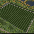 Standard Football Field With Lush Green Turf Surrounding Trees And Scenic Lake View 3d model