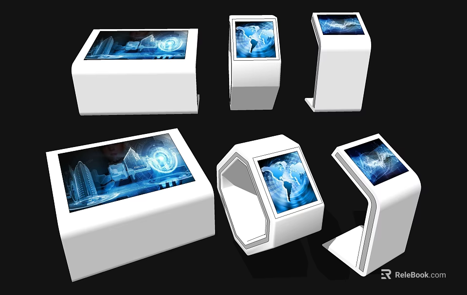 Public Interactive Information Kiosks With Multiple Styles White Design Blue Interface And Screen Icons 3d model