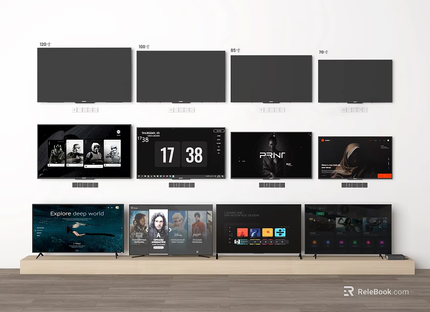 Various Modern Televisions Showing Different Screen Content on Wall and Stand 3d model 