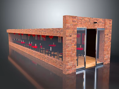 Hotel Building With Red Brick Exterior Glass Doors Red Decorations And Dining Tables Inside 3d model
