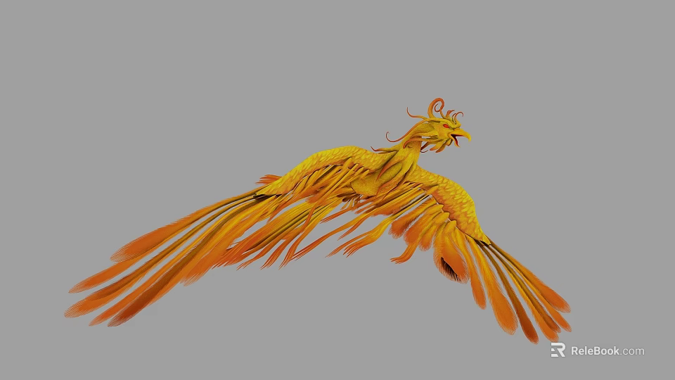 Gorgeous Mythical Flying Phoenix with Vibrant Yellow and Orange Feathers in Mid Flight 3d model 