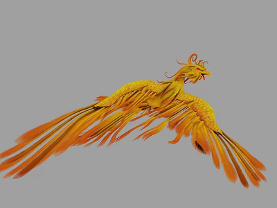Gorgeous Mythical Flying Phoenix with Vibrant Yellow and Orange Feathers in Mid Flight 3d model