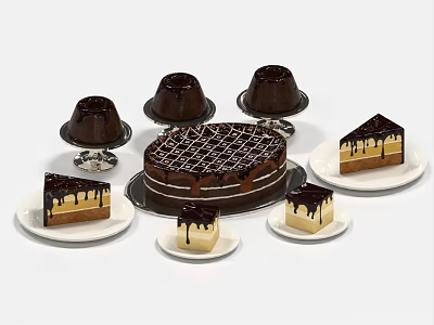 Large Round Chocolate Cake With Lattice Pattern And Small Chocolate Desserts On White Plates 3d model