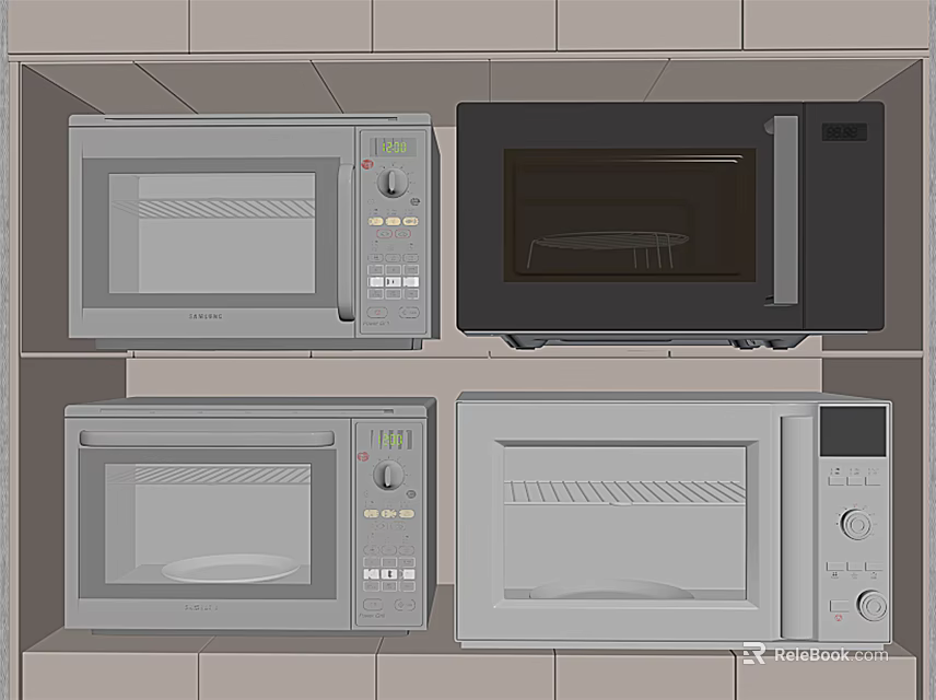Four Different Style Gray And Black Microwaves Stacked In Two Layers As Kitchen Appliances 3d model 