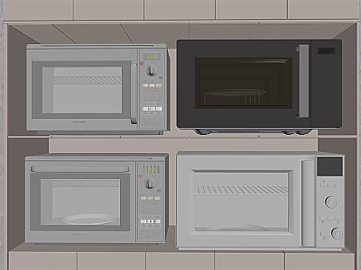 Four Different Style Gray And Black Microwaves Stacked In Two Layers As Kitchen Appliances 3d model