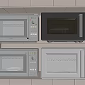 Four Different Style Gray And Black Microwaves Stacked In Two Layers As Kitchen Appliances
