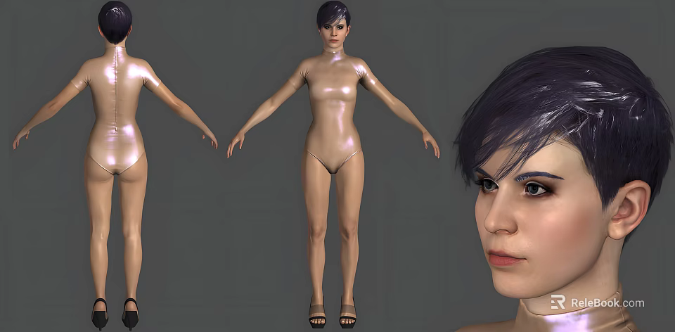3D Woman Model in Shiny Bodysuit with Short Dark Hair and High Heels from Different Angles 3d model 