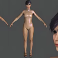 3D Woman Model in Shiny Bodysuit with Short Dark Hair and High Heels from Different Angles