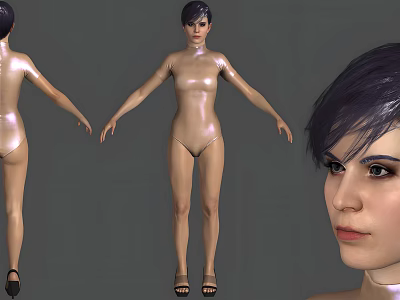 3D Woman Model in Shiny Bodysuit with Short Dark Hair and High Heels from Different Angles 3d model