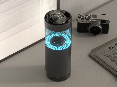 Black Cylindrical Electronic Appliance With Blue Circular Light And Grilled Top On Desktop 3d model