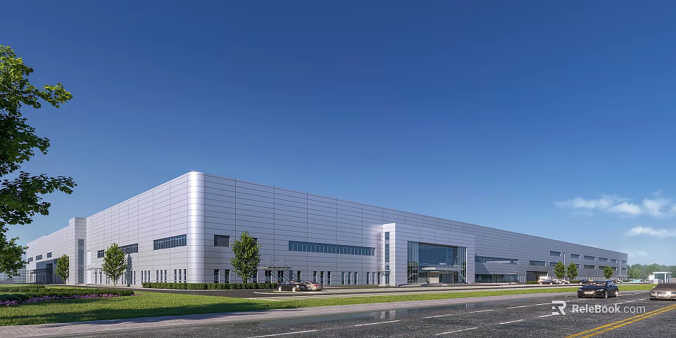 Modern Industrial Factory Building With Silver Metal Exterior Glass Curtain Walls Green Lawn And Trees 3d model 