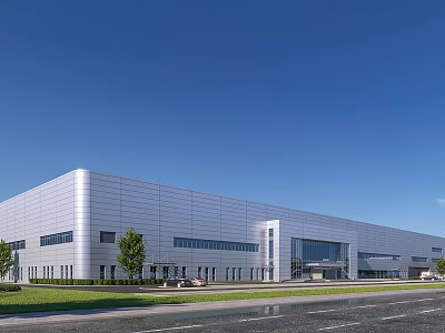 Modern Industrial Factory Building With Silver Metal Exterior Glass Curtain Walls Green Lawn And Trees 3d model