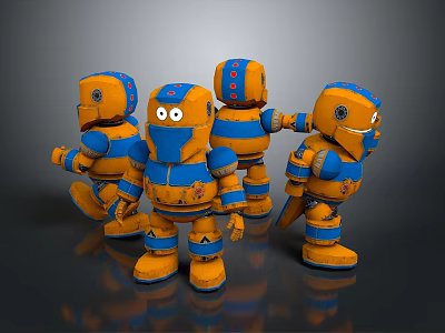 Smart Robots With Four Orange And Blue Different Poses As Toy Models 3d model