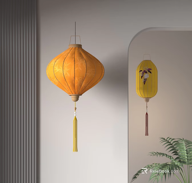 Traditional Chinese Lanterns In Modern Interior With Orange Yellow Crane Pattern And Tassels 3d model 