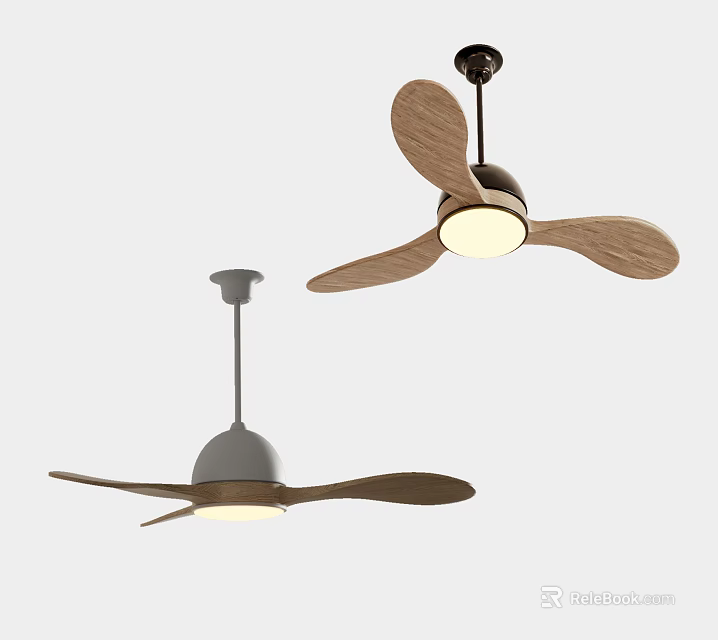 Two Modern Ceiling Fans With Wooden Blades And Integrated Lighting Fixtures 3d model 