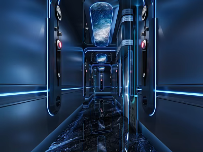 Modern KTV Interior Design With Blue Neon Lights Starry Sky Ceiling And Reflective Floors 3d model