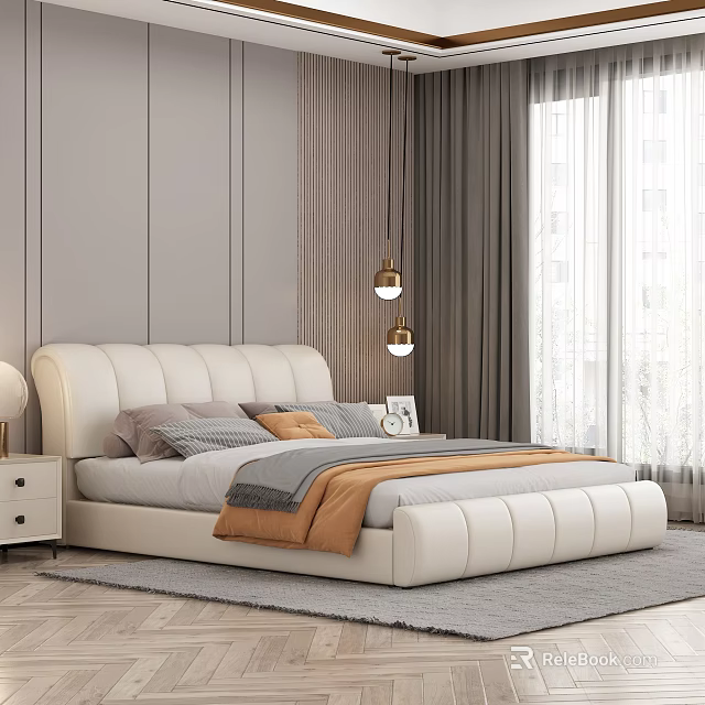 White Leather Upholstered Double Bed with Headboard Nightstand Lamp Curtains Pendant Lights and Gray Rug 3d model 