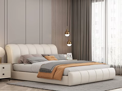 White Leather Upholstered Double Bed with Headboard Nightstand Lamp Curtains Pendant Lights and Gray Rug 3d model