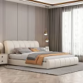 White Leather Upholstered Double Bed with Headboard Nightstand Lamp Curtains Pendant Lights and Gray Rug