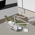 Modern Dental Treatment Chair With Green Seat And Medical Instruments In Clinic