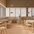 Wooden Modern Restaurant Interior With Bar Counter Dining Tables Natural Lighting And Seating Area