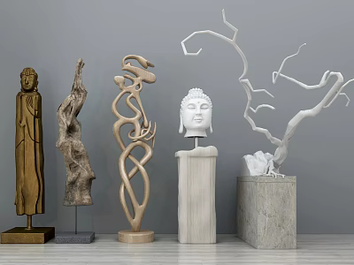 Diverse Buddha And Abstract Sculpture Carvings With Wooden Stone Gold Elements On Pedestals 3d model