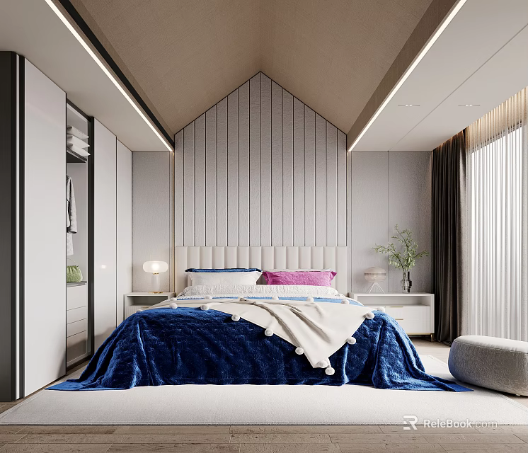 Modern Kids Bedroom Interior With Blue Bedding Wardrobe And Lighting 3d model 