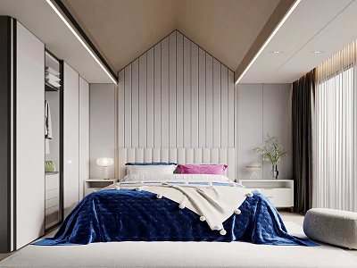 Modern Kids Bedroom Interior With Blue Bedding Wardrobe And Lighting 3d model