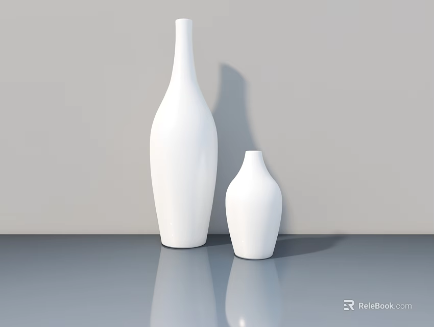 Two White Ceramic Vases in Different Sizes on Gray Table with Smooth Surface 3d model 