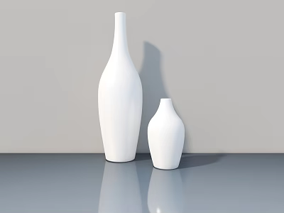 Two White Ceramic Vases in Different Sizes on Gray Table with Smooth Surface 3d model