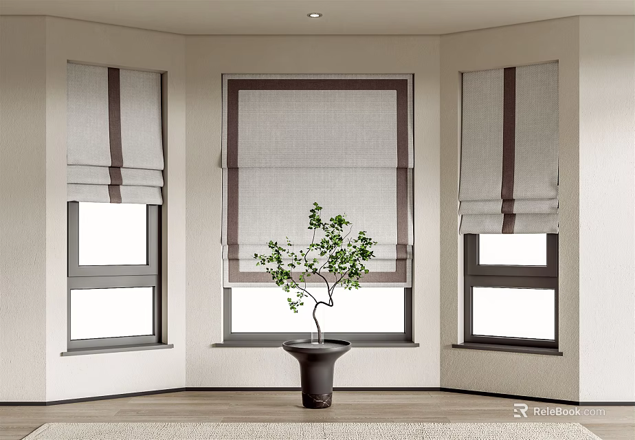 Modern Interior With Three Windows Featuring Gray And Brown Roman Blinds And Potted Plant 3d model 