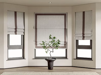 Modern Interior With Three Windows Featuring Gray And Brown Roman Blinds And Potted Plant 3d model