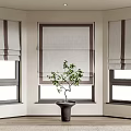 Modern Interior With Three Windows Featuring Gray And Brown Roman Blinds And Potted Plant