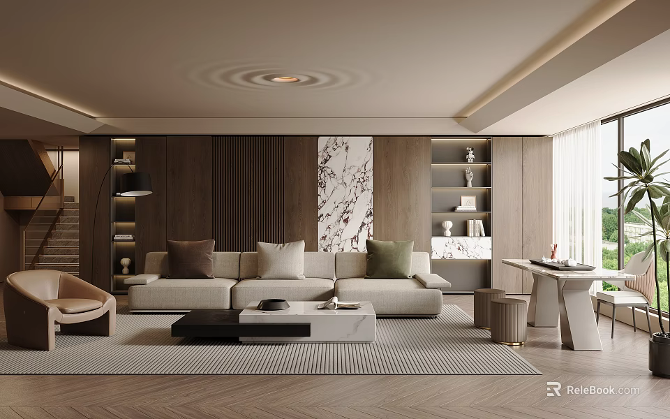 Modern Living Room Interior With Sofa Pillows Coffee Table Art Wall Shelves And Large Window 3d model 