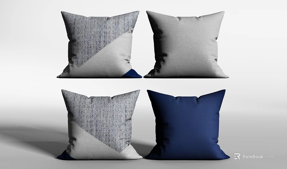 Stylish Decorative Pillows In Gray And Blue With Textured Patchwork Design 3d model