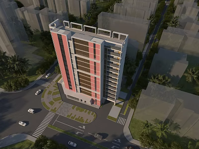 Rural Self built House Modern Exterior Design With Multi story Red White Facade And Trees 3d model