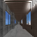 Elevator Hallway Interior With Wooden Ceiling Stone Walls Large Windows And Natural Light