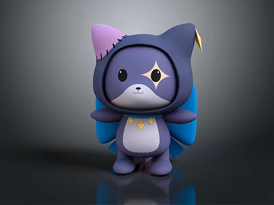 Cute 3D Character Design With Purple Ears Hat Yellow Star Blue Cape And Ornaments 3d model