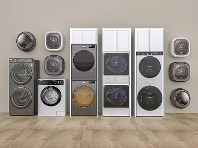 Modern Washing Machines With Stackable And Standalone Designs In Gray And White 3d model