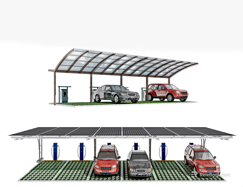 Car Canopy With Solar Panels Charging Stations And Parking Cars 3d model 
