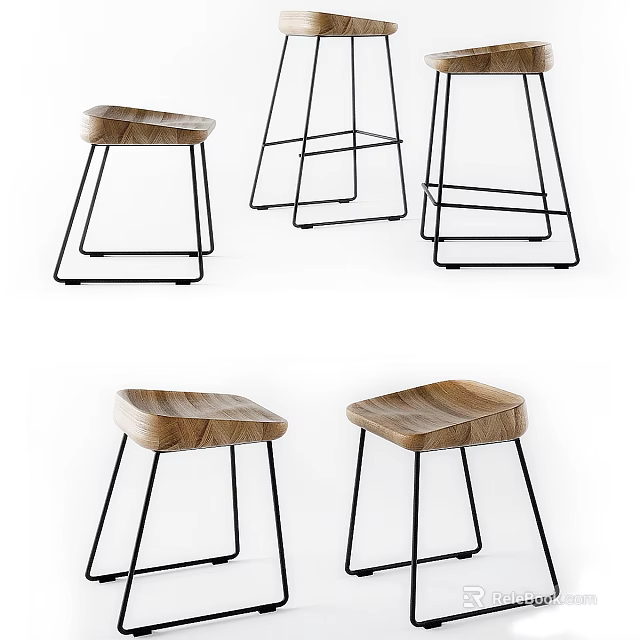Modern Minimalist Bar Stools With Wooden Seat And Black Metal Legs For Home Use 3d model 