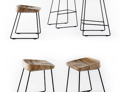 Modern Minimalist Bar Stools With Wooden Seat And Black Metal Legs For Home Use 3d model