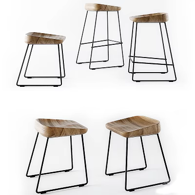 Modern Minimalist Bar Stools With Wooden Seat And Black Metal Legs For Home Use 3d model