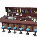 Wooden Bar Counter With Shelves Colorful Bottles Glasses And Blue Stools