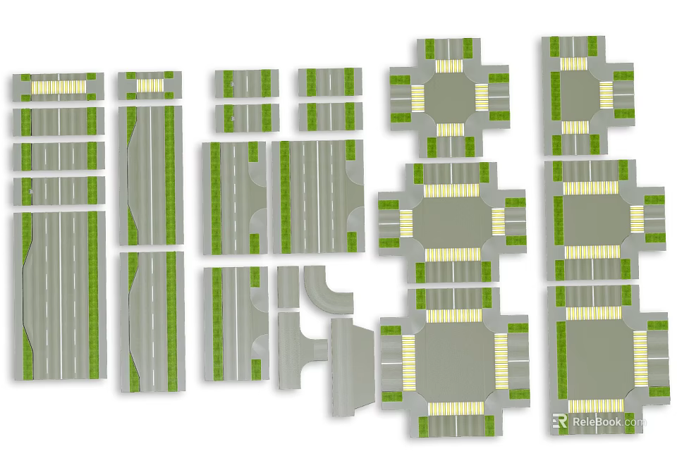 Municipal Roads Various Layout Components With Traffic Lanes Green Belts And Pavement 3d model 