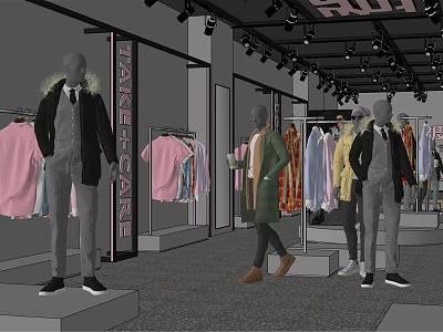 Modern Clothing Store Interior With Mannequins Hanging Clothes On Racks And Bright Lighting 3d model