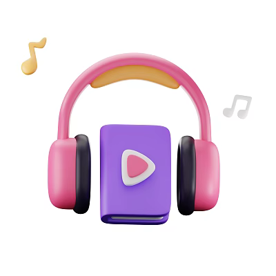 Pink Over Ear Headphones With Purple Music Player And Play Button Design Featuring Music Notes 3d model