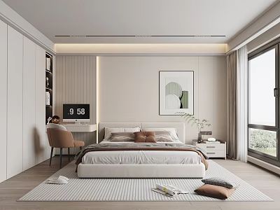 Modern Minimalist Bedroom With White Bed Striped Rug Large Window Framed Artwork And Textured Wall 3d model