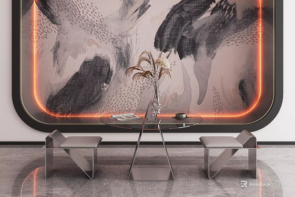 Modern Table and Benches Set with Glass Tabletop Metal Frame Abstract Wall Art Neon Border 3d model 